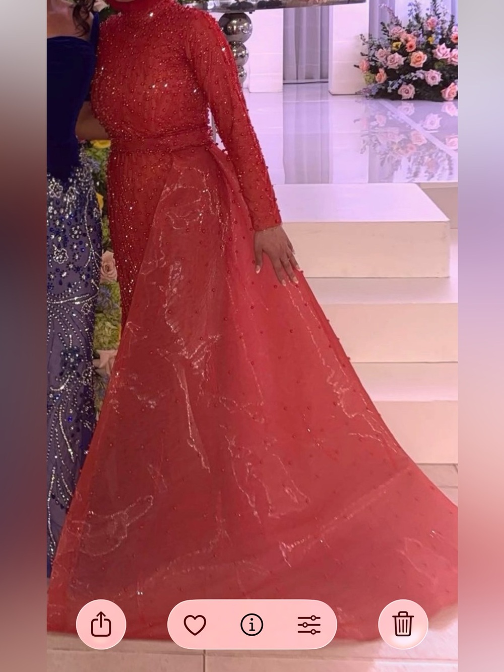Embellished Coral Long-Sleeve Evening Dress